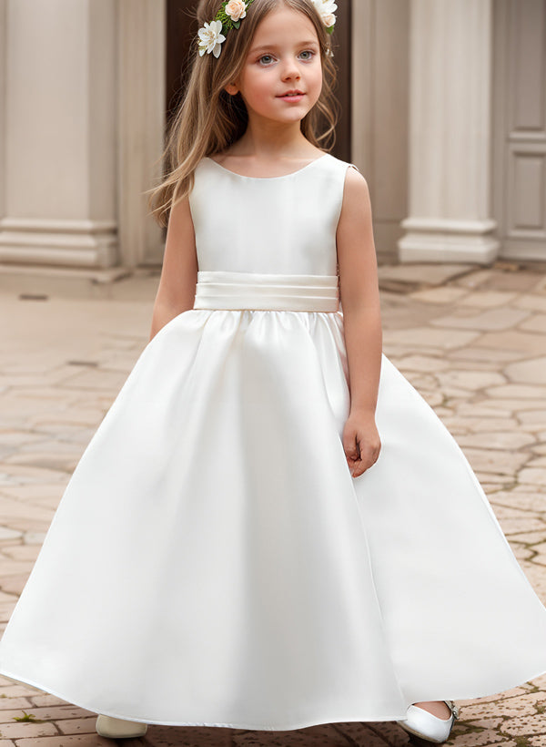 A-Line/Princess Satin Flower Girl Dresses with Bowknot Blush