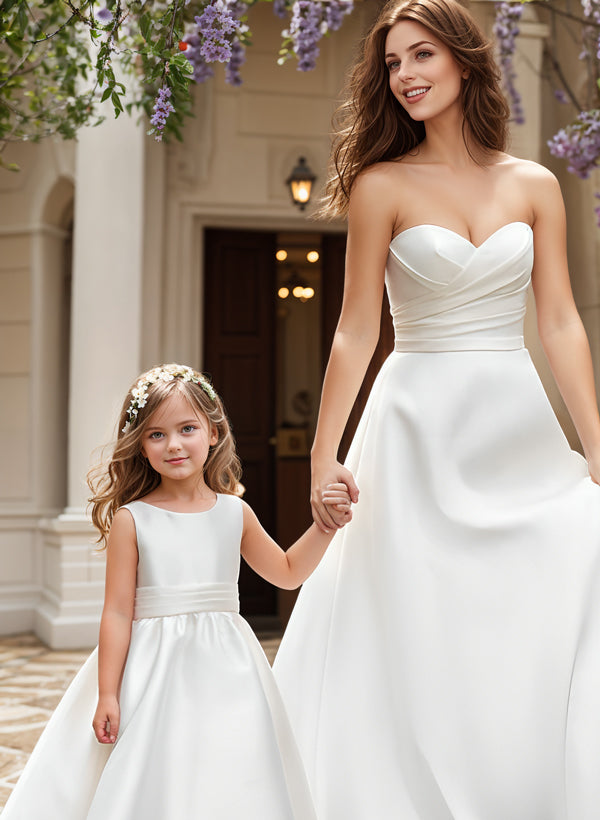 A-Line/Princess Satin Flower Girl Dresses with Bowknot Peach
