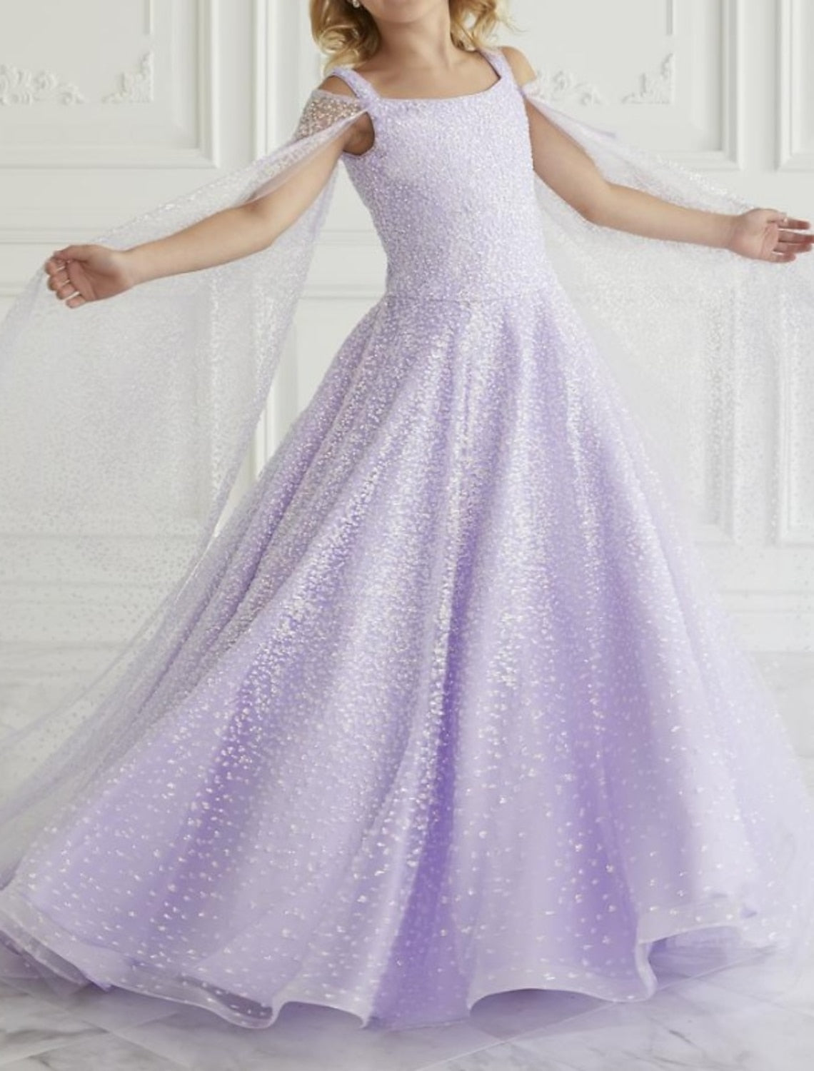 A-Line/Princess Square Neck Girl Dresses with Sequins & Watteau Train Lilac