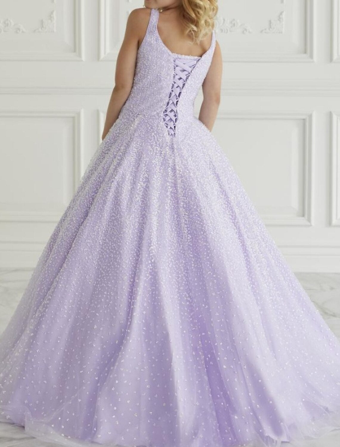 A-Line/Princess Square Neck Girl Dresses with Sequins & Watteau Train Blush
