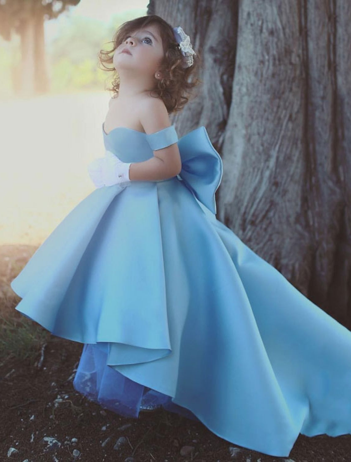 A-Line/Princess Off-the-Shoulder Satin Little Girl Dresses with Bowknot Ocean Blue