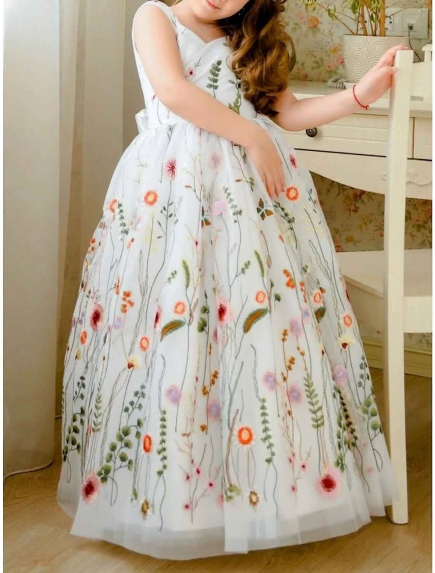 A-Line/Princess V-Neck Tulle Little Girl Dresses with Embroidery & Bowknot White