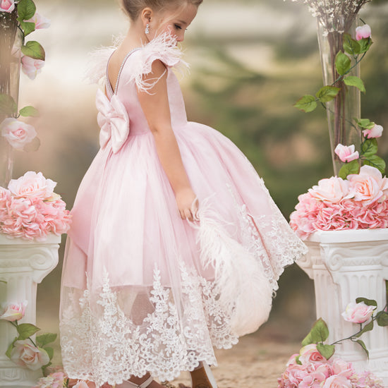 Ball Gown Asymmetrical High Low Flower Girl Dresses with Applique & Feather Peach