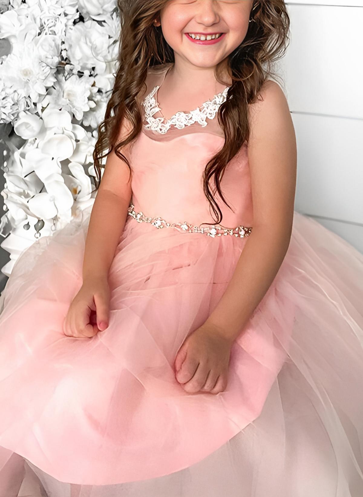 A-Line/Princess Tulle Flower Girl Dresses With Pleated Peach