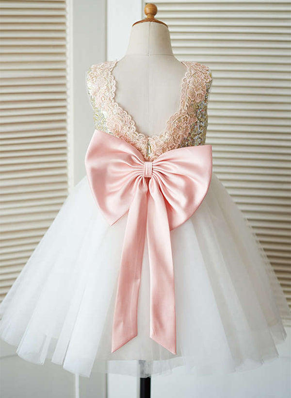 A-Line/Princess Tulle Flower Girl Dresses With Bowknot Blush