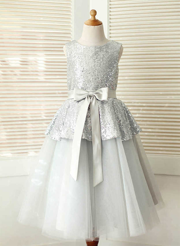 A-Line/Princess Tulle Flower Girl Dresses With Sash Silver