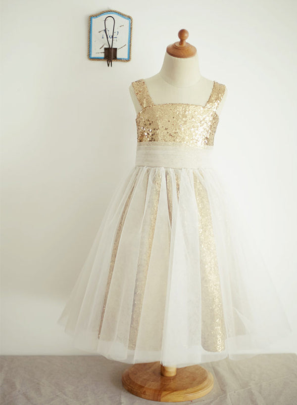 A-Line/Princess Tulle Flower Girl Dresses With Sequins Champagne