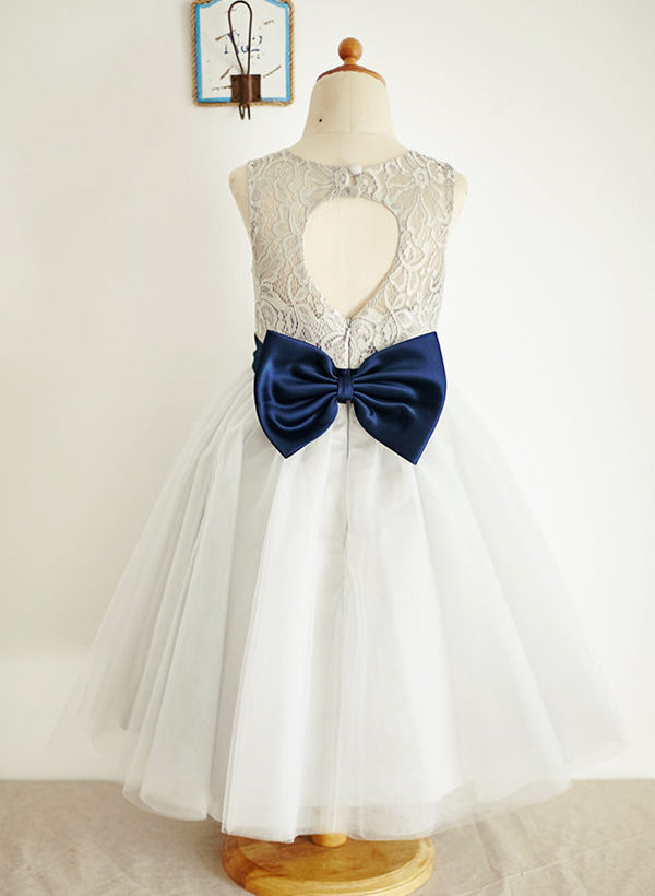 A-Line/Princess Tulle Flower Girl Dresses With Bowknot Peach