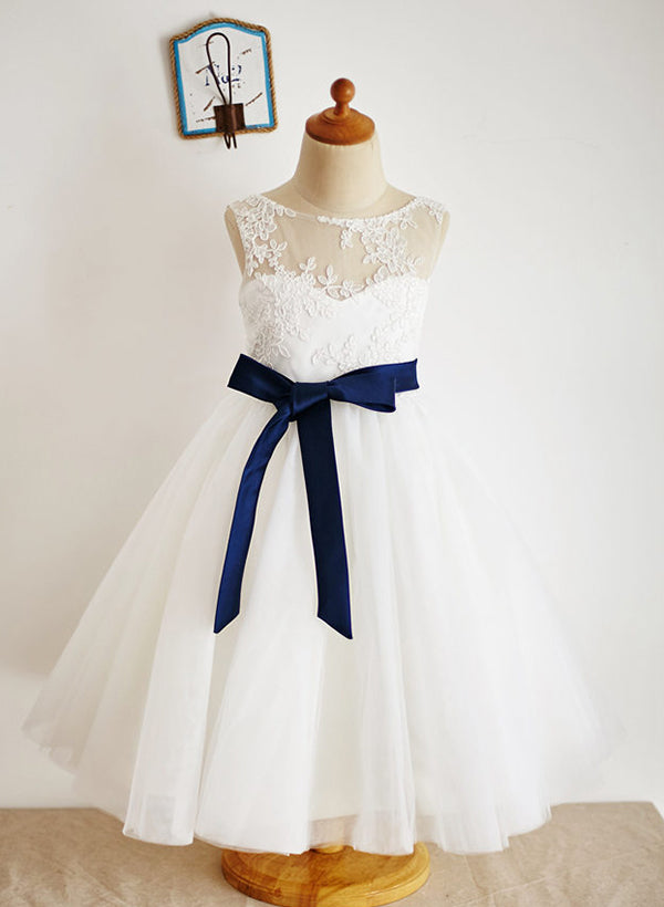 A-Line/Princess Illusion Neck Flower Girl Dresses With Sash Ivory