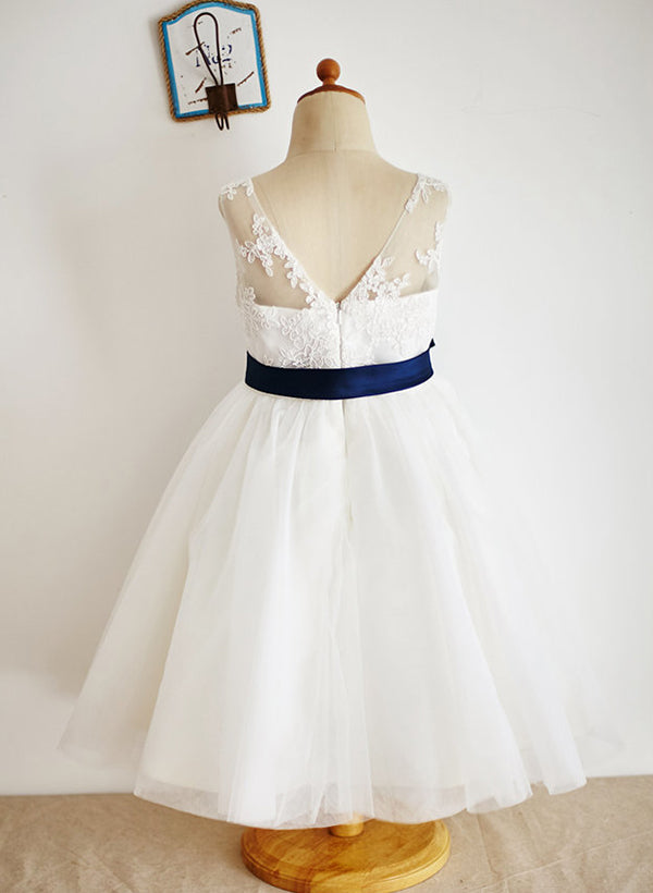 A-Line/Princess Illusion Neck Flower Girl Dresses With Sash Blush