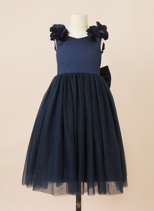 A-Line/Princess Scoop Flower Girl Dresses With Bow Dark Navy
