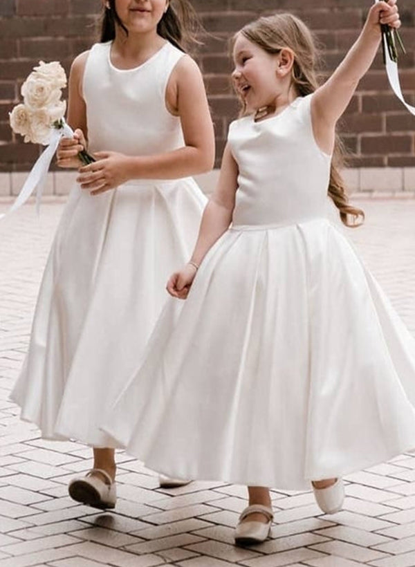 A-Line/Princess Scoop Flower Girl Dresses With Bowknot Blush