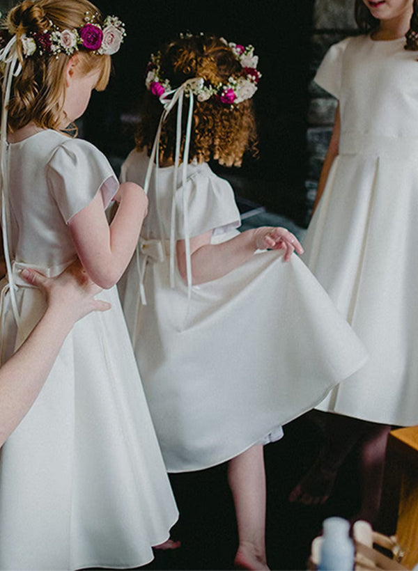 A-Line/Princess Scoop Flower Girl Dresses With Bowknot Blush