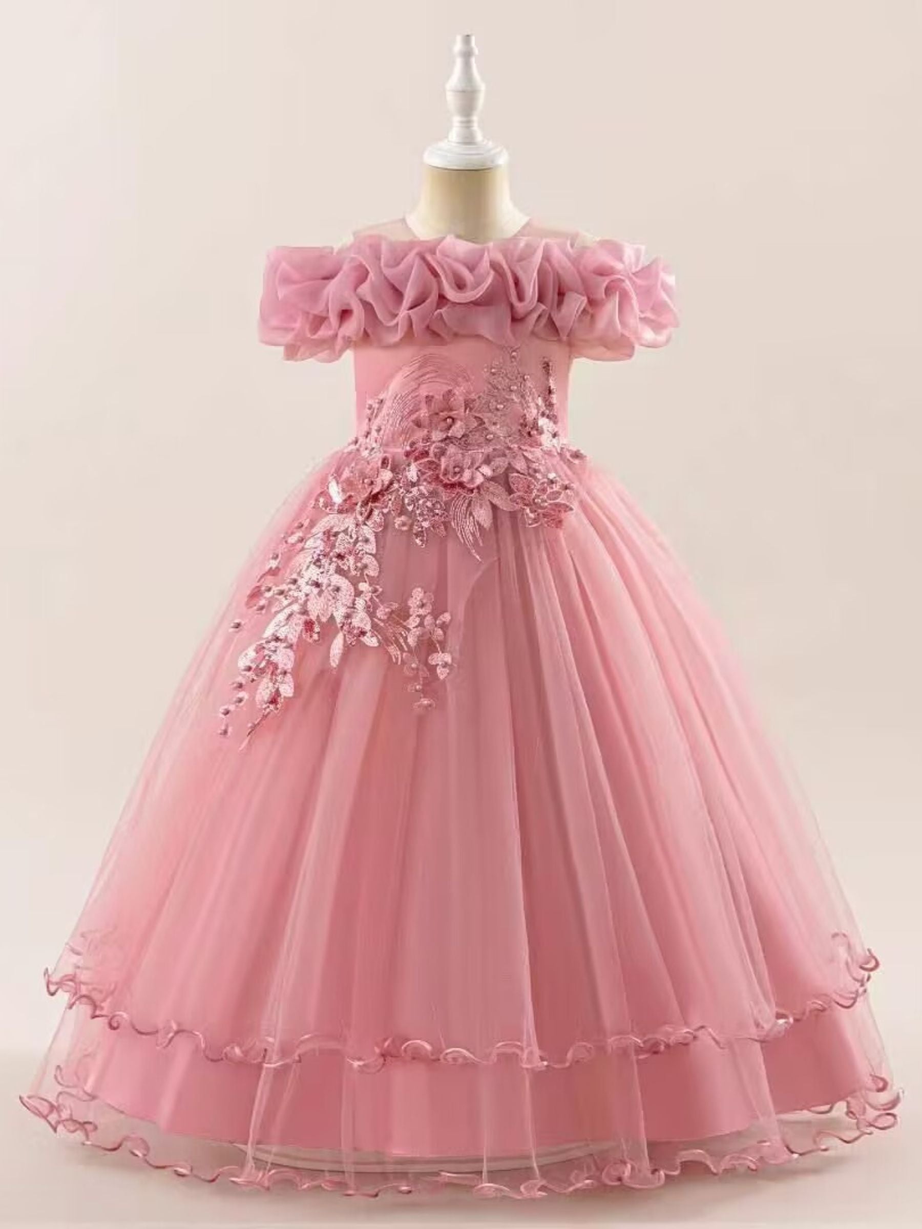 Ball-Gown Off-the-shoulder Sleeveless Flower Girl Dresses with Appliques & Embroidery As Pic