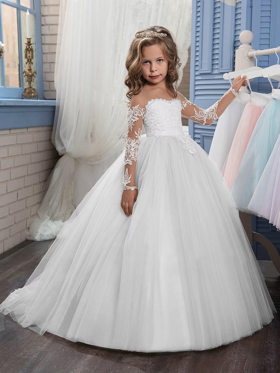 A-Line/Princess Sweetheart Long Sleeves Flower Girl Dresses with Appliques White