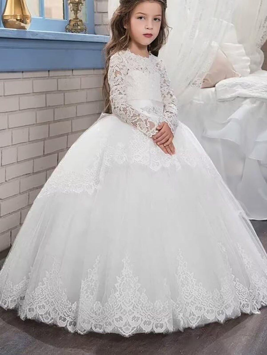Ball Gown Scoop Neck Long Sleeves Flower Girl Dresses with Lace Appliques & Bow Ivory