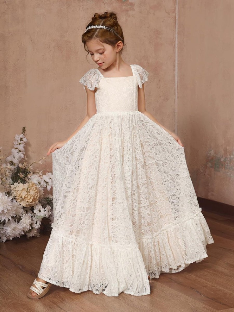 A-Line/Princess Square Neck Floor Length Flower Girl Dresses with Lace Appliques As Pic