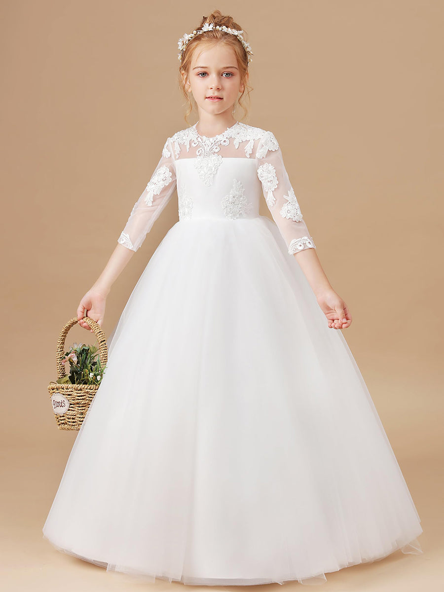 A-Line/Princess Scoop 3/4 Sleeves Floor Length Flower Girl Dresses with Appliques White