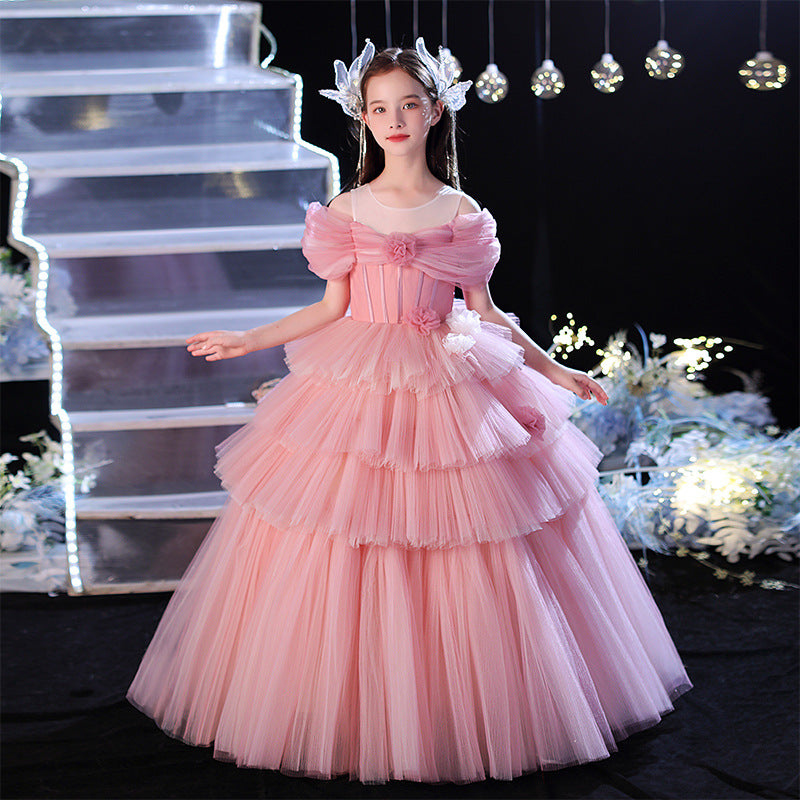 Ball Gown Off-the-shoulder Floor-Length Layers Pleats Flower Girl Dress with Flower Pink