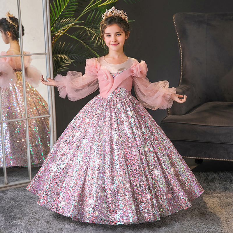 Long Sleeves Ball Gown Round Neck Flower Girl Party Dress with Ruffles As Pic