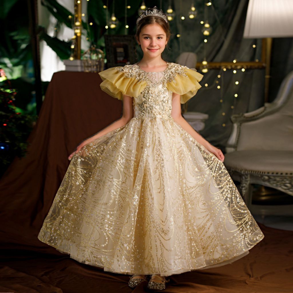 Ruffle Sleeves A-Line/Princess Floor Length Girl Party Dress with  Rhinestones Appliques Champagne