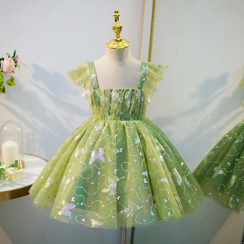 Ball-Gown Square Neck Sleeveless Flower Girl Dresses with Butterfly Appliques Green