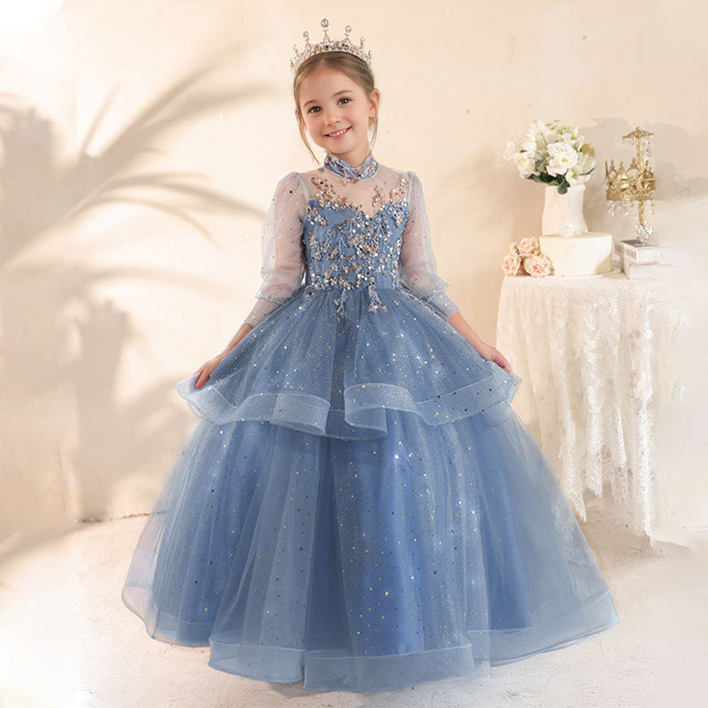 Long Sleeves A-Line/Princess High Neck Girl Party Dress with  Rhinestones Appliques Blue