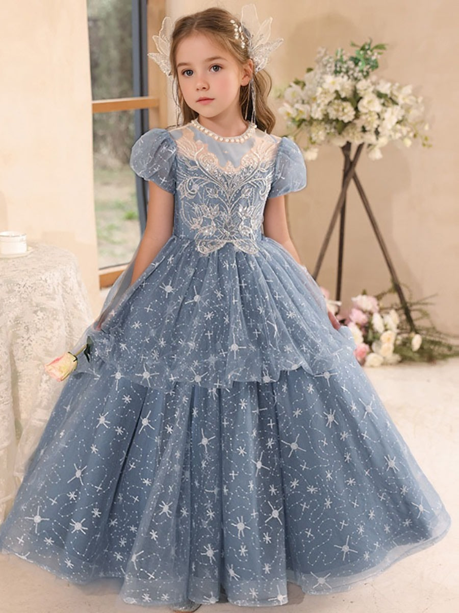 Short Sleeves Ball Gown Beading Round Neck Girl Party Dress with Rhinestones Blue