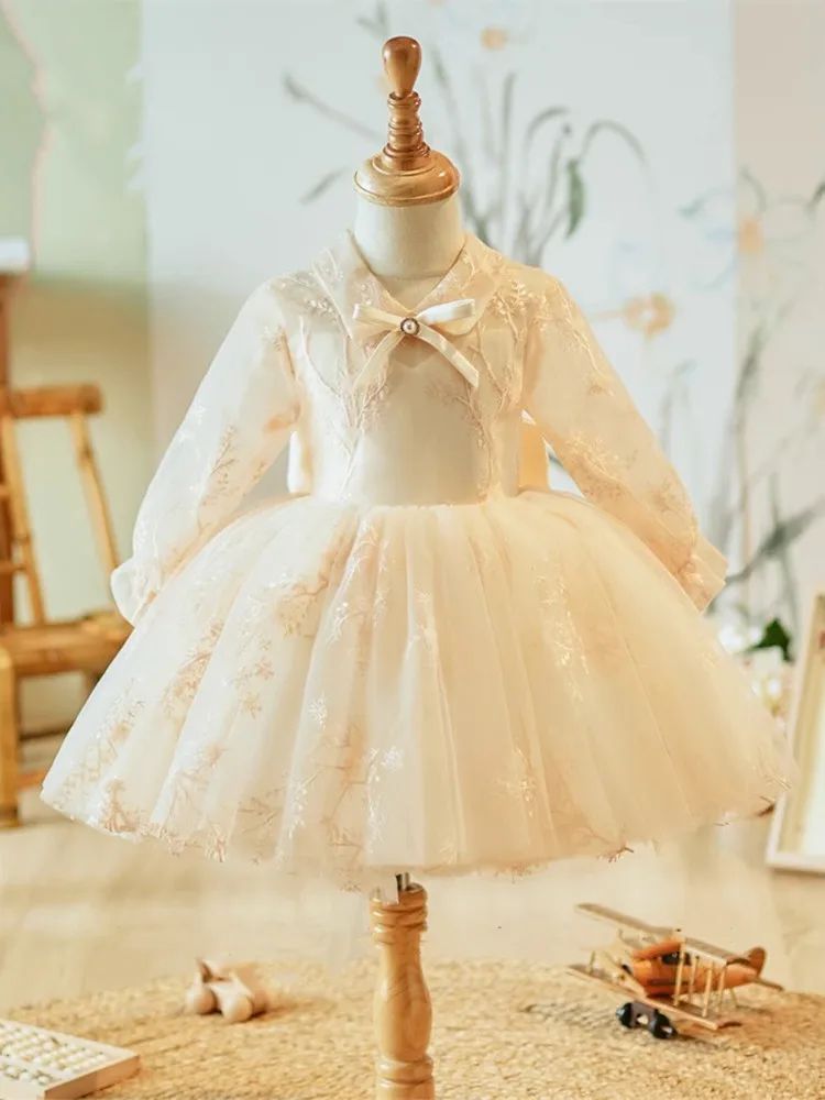 Knee Length Long Sleeves Flower Girl Party Lace Dress with Bow Champagne