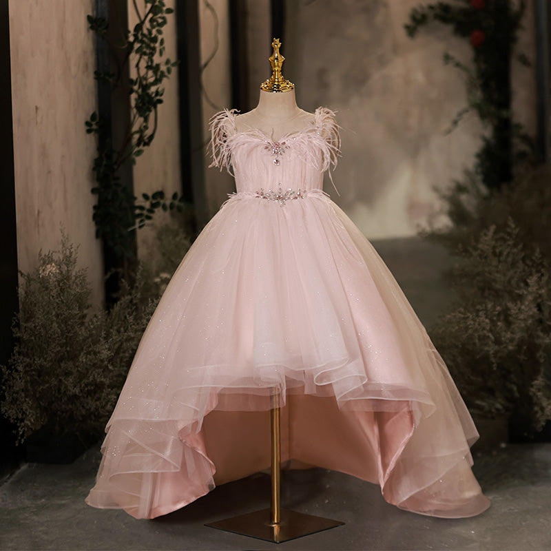 High Low Sweep Train Sleeveless Flower Girl Dresses with Rhinestone & Feathers Pink