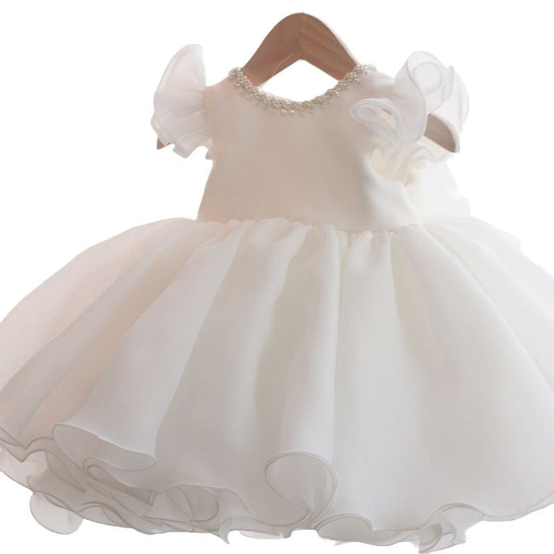 Knee Length Short Sleeves Round Neck Flower Girl Dress with Bow & Crystal White