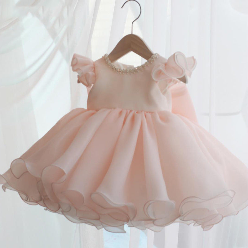 Knee Length Short Sleeves Round Neck Flower Girl Dress with Bow & Crystal Pink