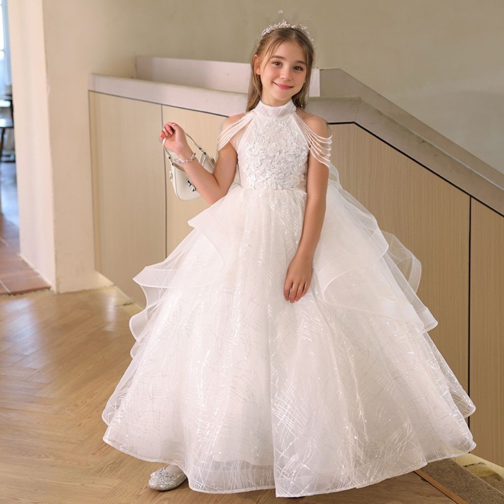 Halter A-Line/Princess Sleeveless Beading Girl Party Dress with Rhinestone Appliques White