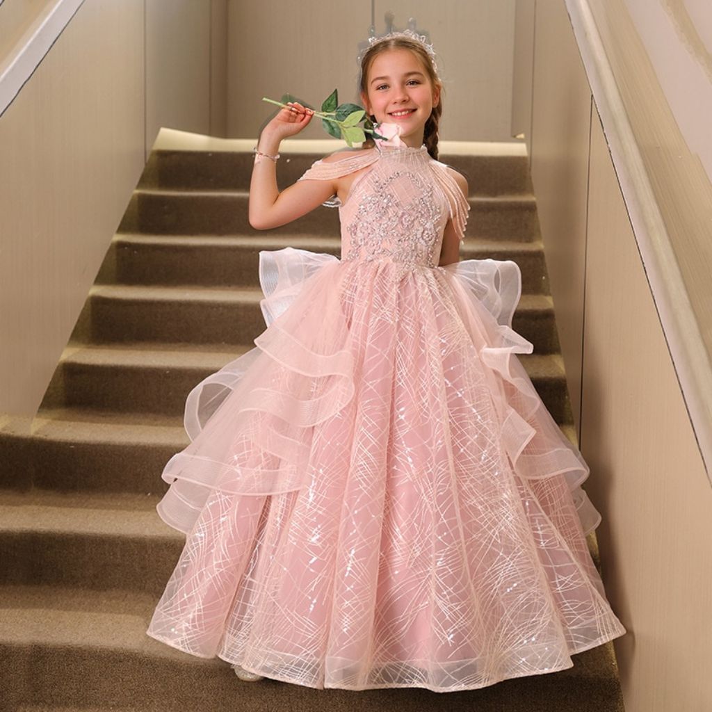Halter A-Line/Princess Sleeveless Beading Girl Party Dress with Rhinestone Appliques Pink