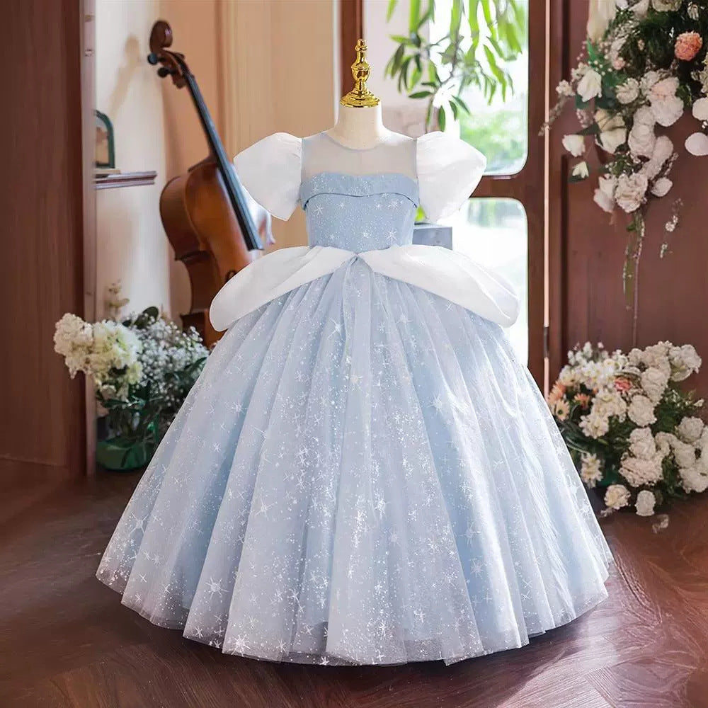 Ball Gown Short Sleeves Round Neck Flower Girl Party Dress with Rhinestone Light Blue
