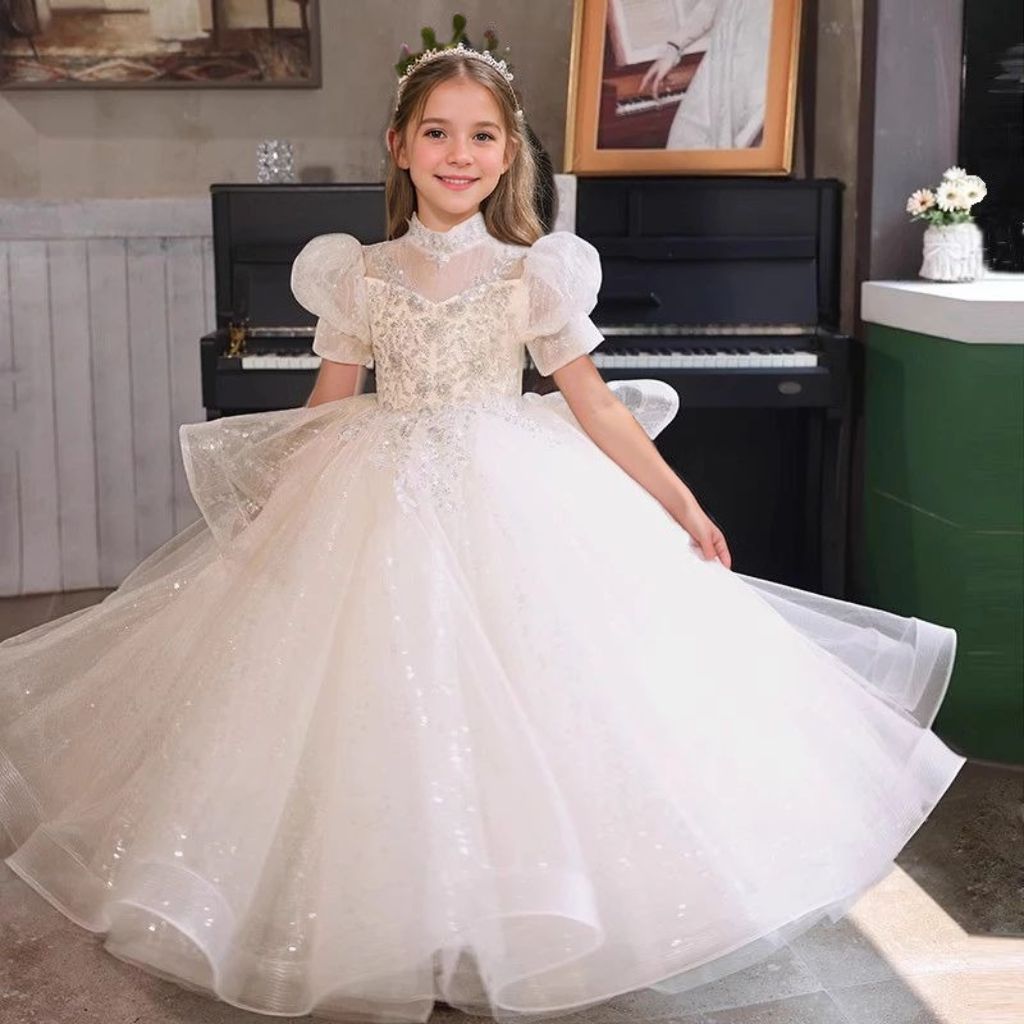 Short Sleeves A-Line/Princess High Neck Flower Girl Dresses with Crystal Appliques White