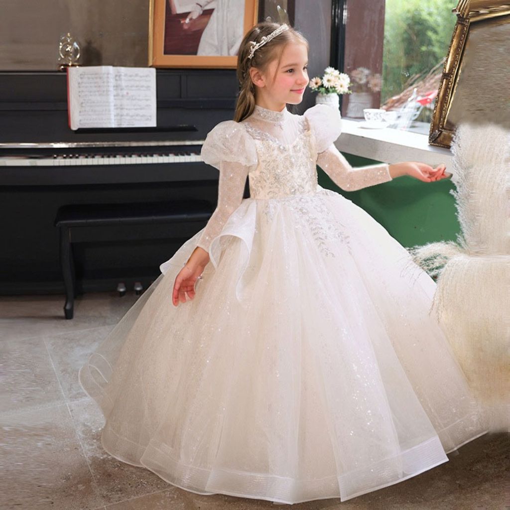 Long Sleeves High Neck Ball Gown Flower Girl Party Dress with Rhinestone Appliques Light Champagne