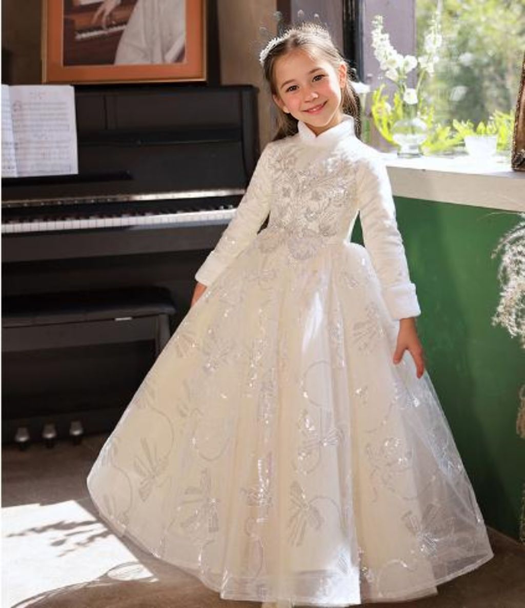 High Neck Long Sleeves Winter  A-Line Girl Party Dress with Rhinestone Appliques Light Champagne