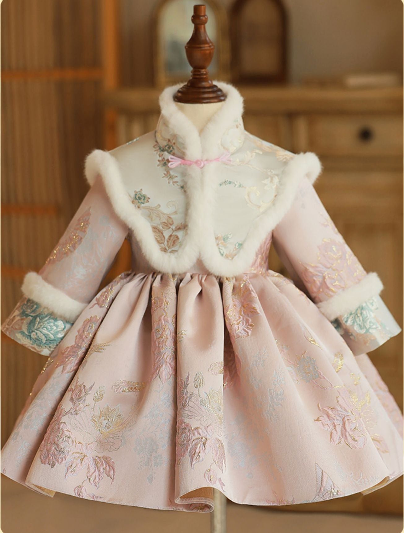 Tea Length High Neck Winter Long Sleeves Embroidery Baby Girl Dress with removed Scarf Pink