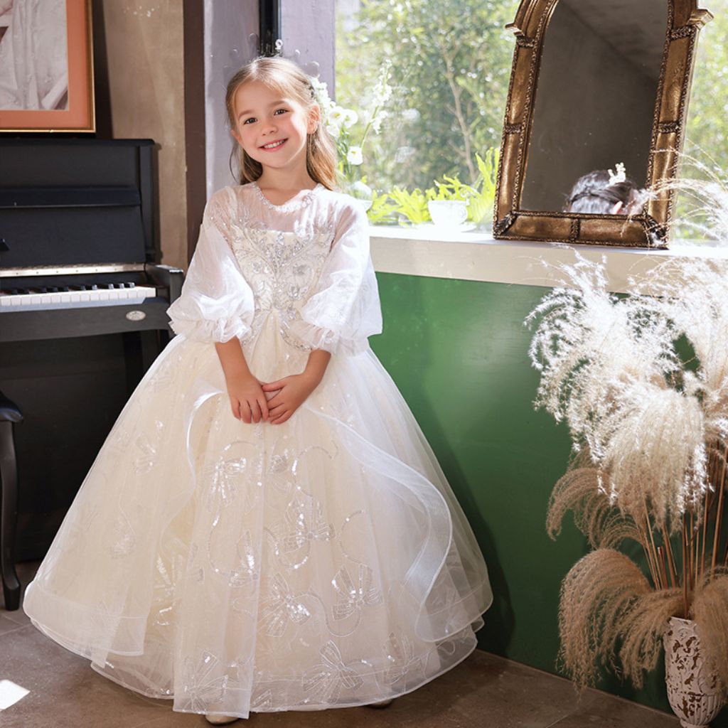 A-Line/Princess 3/4 Sleeves Lace Flower Girl Party Dress with Rhinestone Appliques Light Champagne