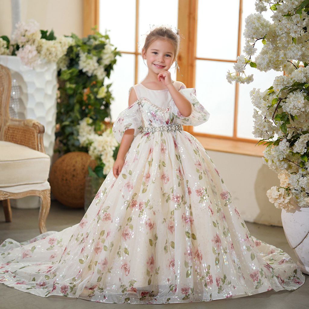 Off-the-Shoulder Rhinestone Belt Princess Flower Girl Party Dresses with Train As Pic