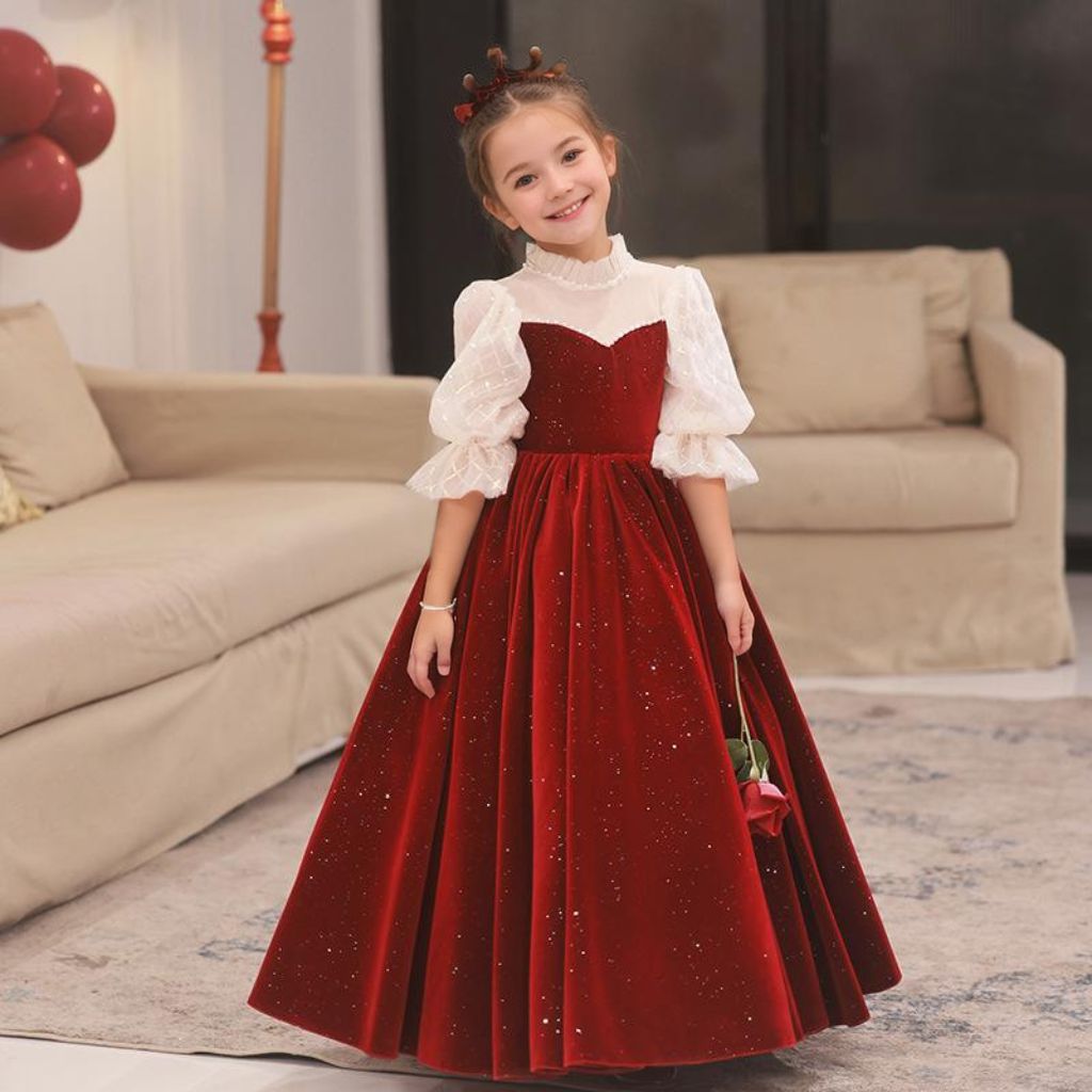 3/4 Sleeves Floor Length High Neck A-Line/Princess Flower Girl Dresses Red