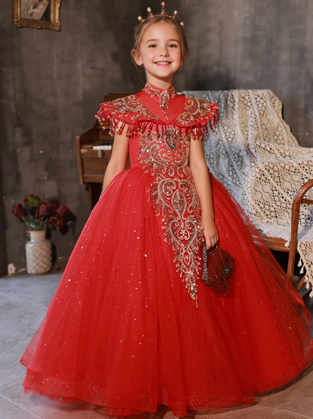 Floor Length High Neck Traditional Flower Girl Party Dresses with Rhinestone Appliques Red