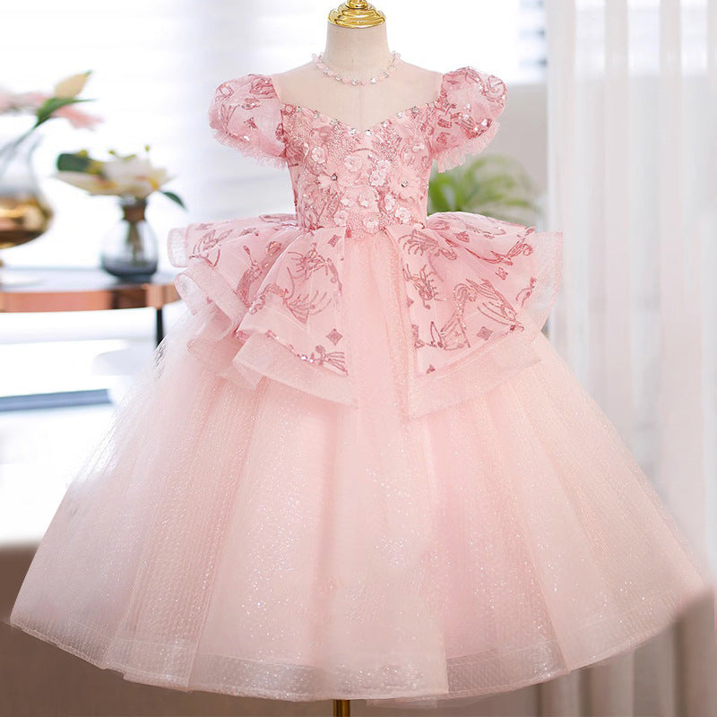 Rhinestone Round Neck Short Sleeves Ball Gown Girl Party Dress with Flowers Pink
