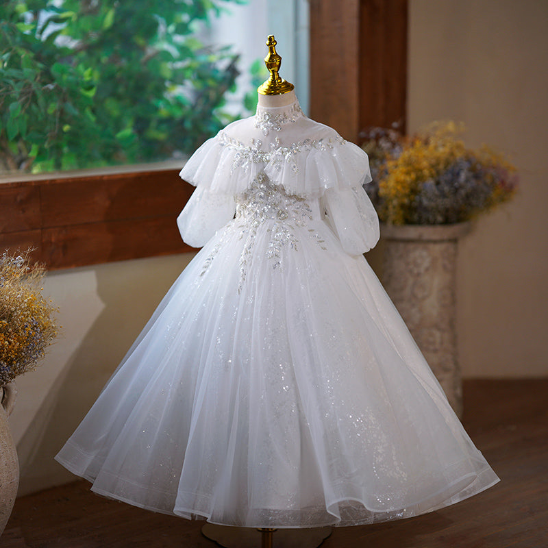 Half Sleeves High Neck A-Line/Princess Flower Girl Dress with Rhinestone Appliques White
