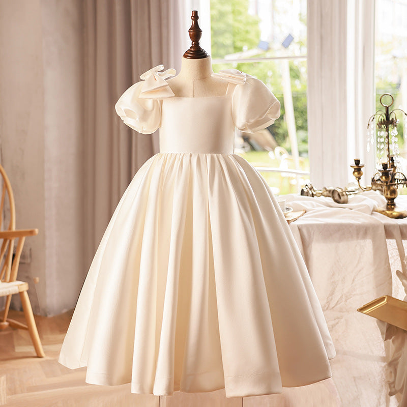 Short Sleeves Square Neck Floor Length Flower Girl Dresses with Bow Ivory