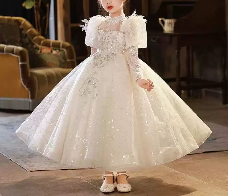 3/4 Sleeves A-Line/Princess Flower Girl Party Dress with Rhinestone Appliques & Bow White