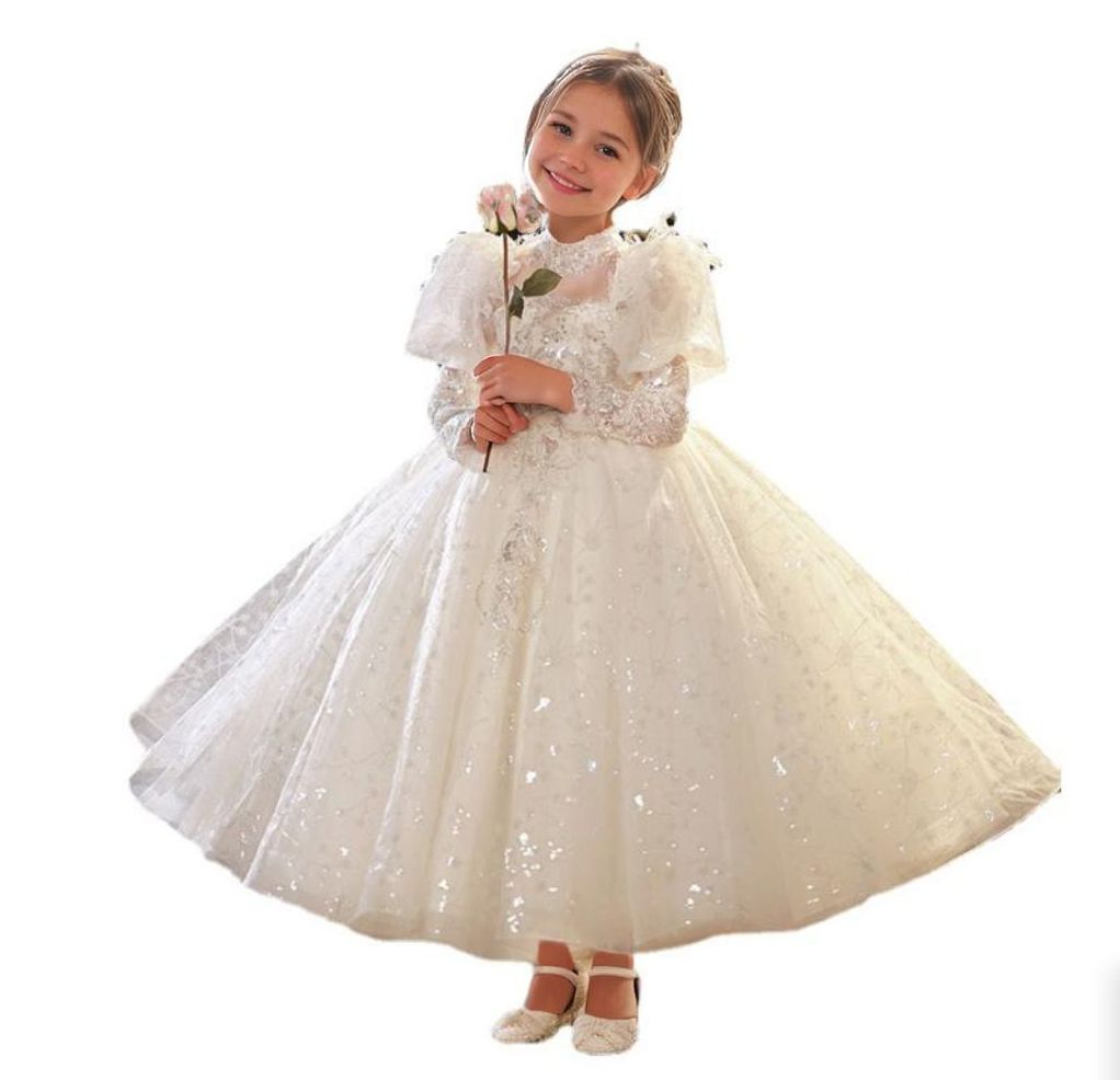 Long Lace Sleeves Floor Length A-Line/Princess Girl Party Dress with Crystal Appliques White