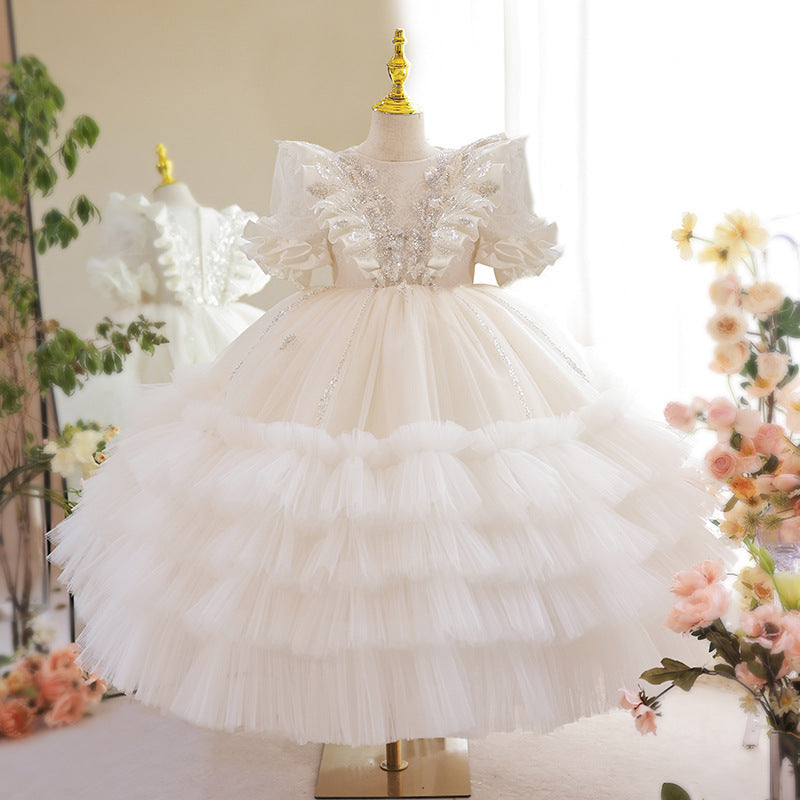 Short Sleeves Ball Gown Layered Girl Party Dresses with Beading Lace Appliques Light Champagne