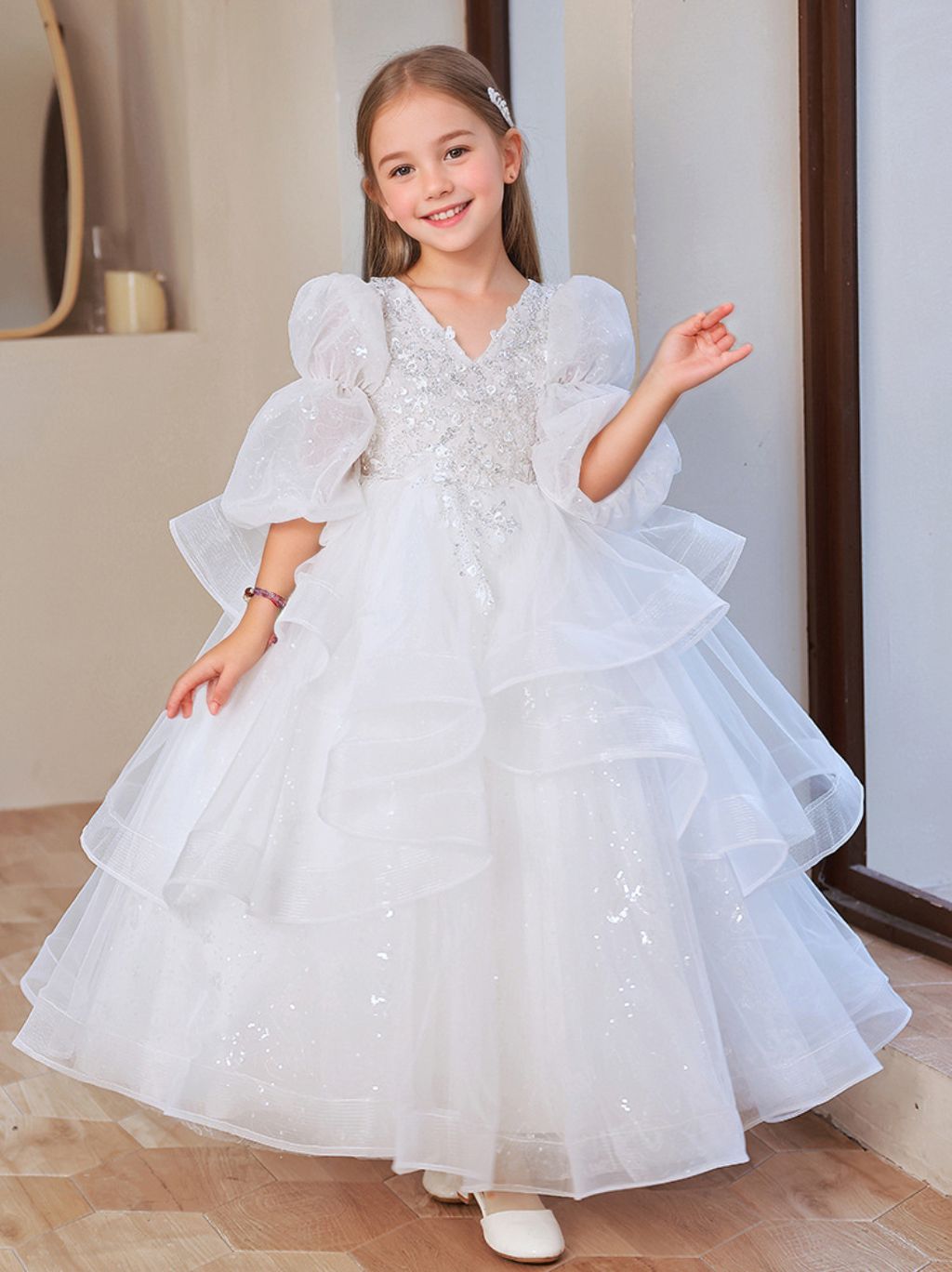 V-Neck 3/4 Sleeves A-Line/Princess Flower Girl Dress with Rhinestone Appliques White